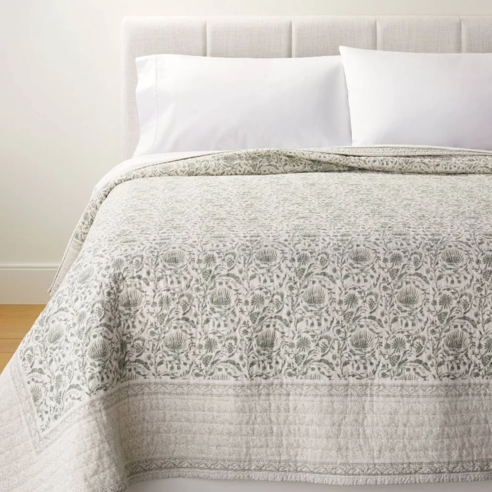 Full/Queen Decorative Border Cotton Slub Quilt Light Teal Green Studio McGee